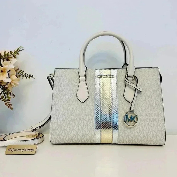 Michael Kors Purse & Wallet Sheila Medium Signature & Metallic Satchel Pale Gold - Picture 2 of 12